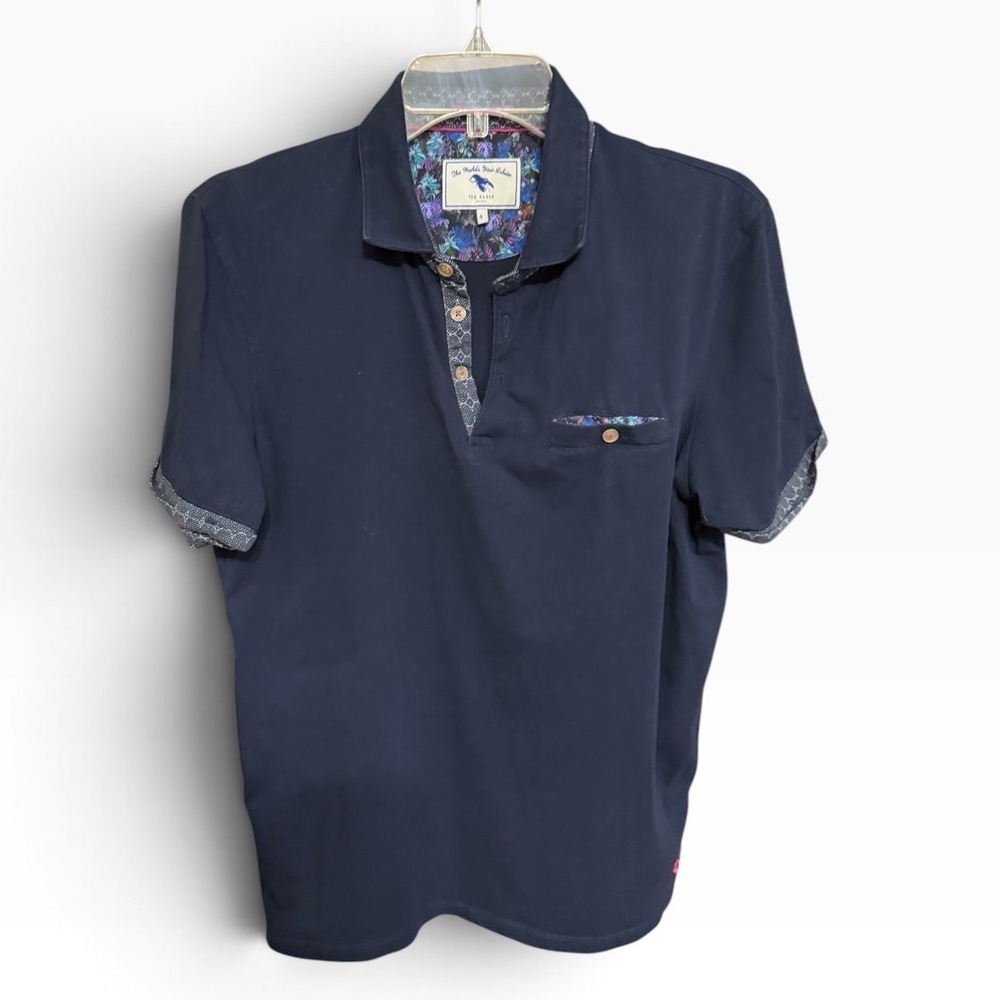 Ted Baker Polo Shirt Mens L Navy Blue Floral Trim Lobster Logo Preppy Yacht